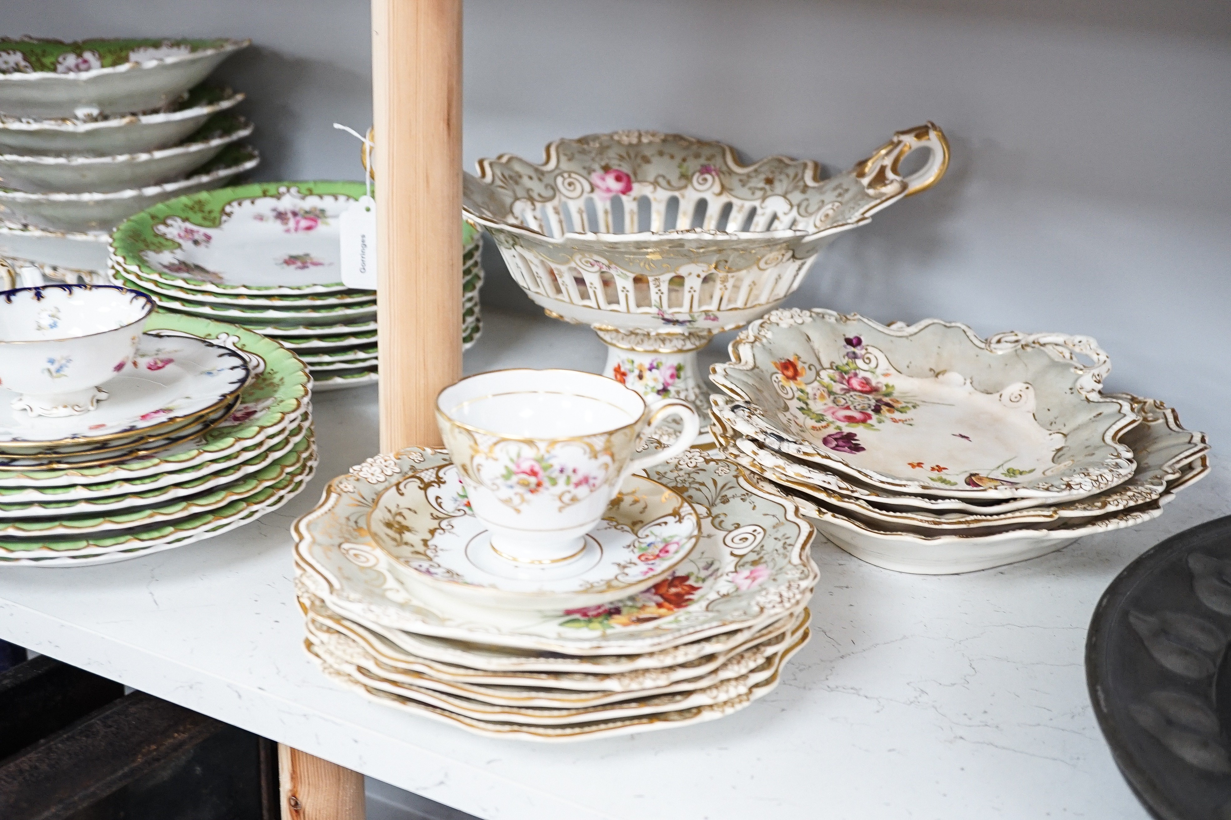 A Copeland and Garrett porcelain part dessert service, a Ridgway type porcelain part desert service and a Cauldon part tea set